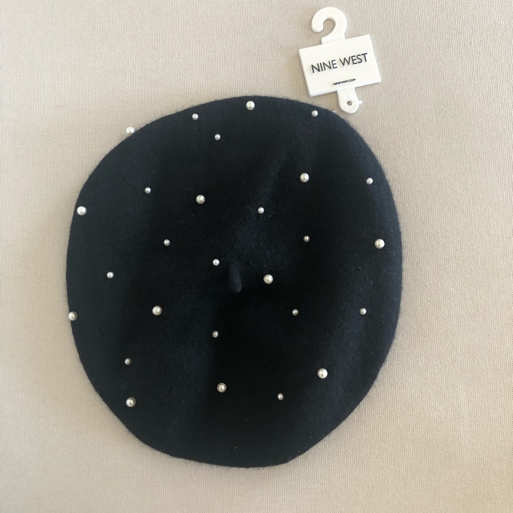 Nine West Pearl Embellished Black Beret